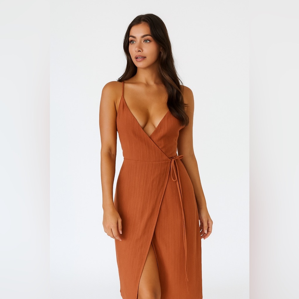 Showpo Terracotta Spaghetti Strap Wrap Dress V Neck Sleeveless Mini Tie Waist